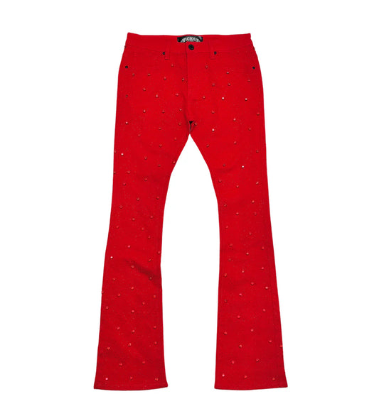 EMBELLISHED FLARED STACKED DENIM-RED