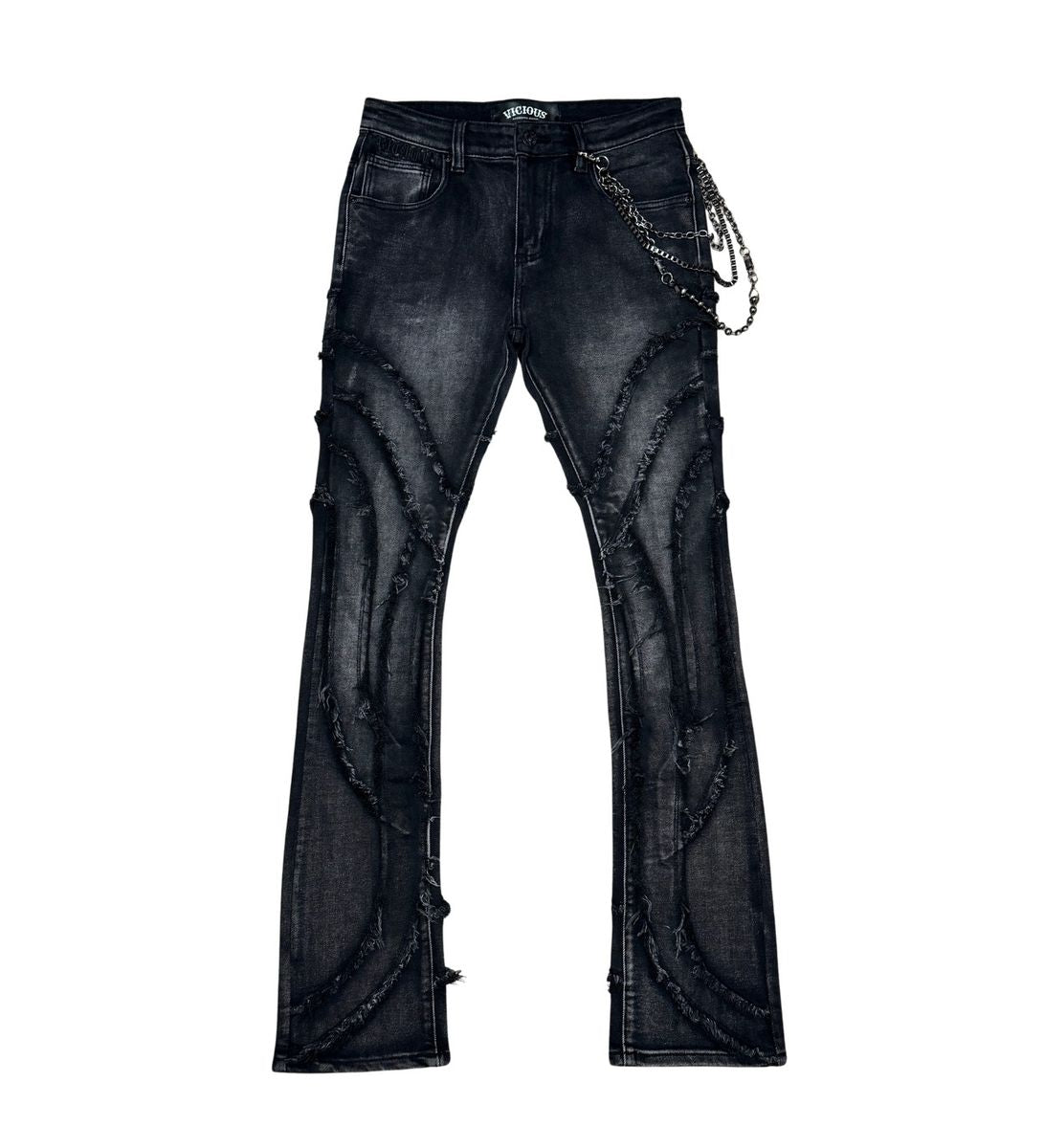 FRAY RIPPED FLARE DENIM W/ MULTIPLE CHAINS