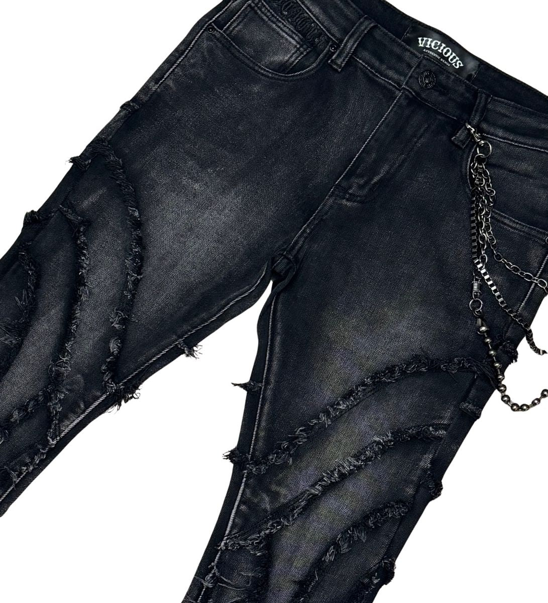 FRAY RIPPED FLARE DENIM W/ MULTIPLE CHAINS